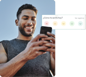 Jóven usando la app, respondiendo sobre su estado de ánimo.