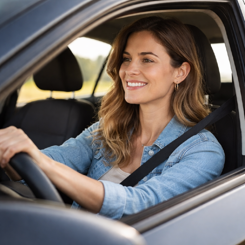 Mulher madura sorrindo com celular — solução para seguradoras